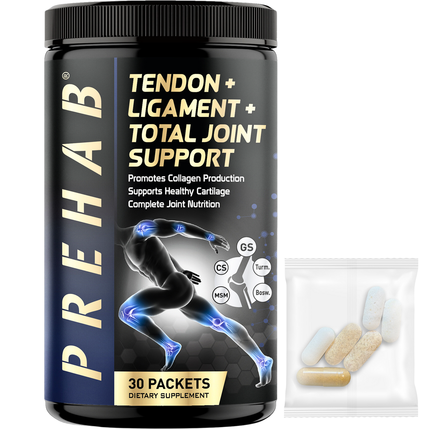 PREHAB Tendon + Ligament + Total Joint Support | Joint Supplement for Athletes | 40 Ingredient Super Complex | Glucosamine Chondroitin MSM Turmeric Boswellia | Premium Tendon Ligament Joint Supplement