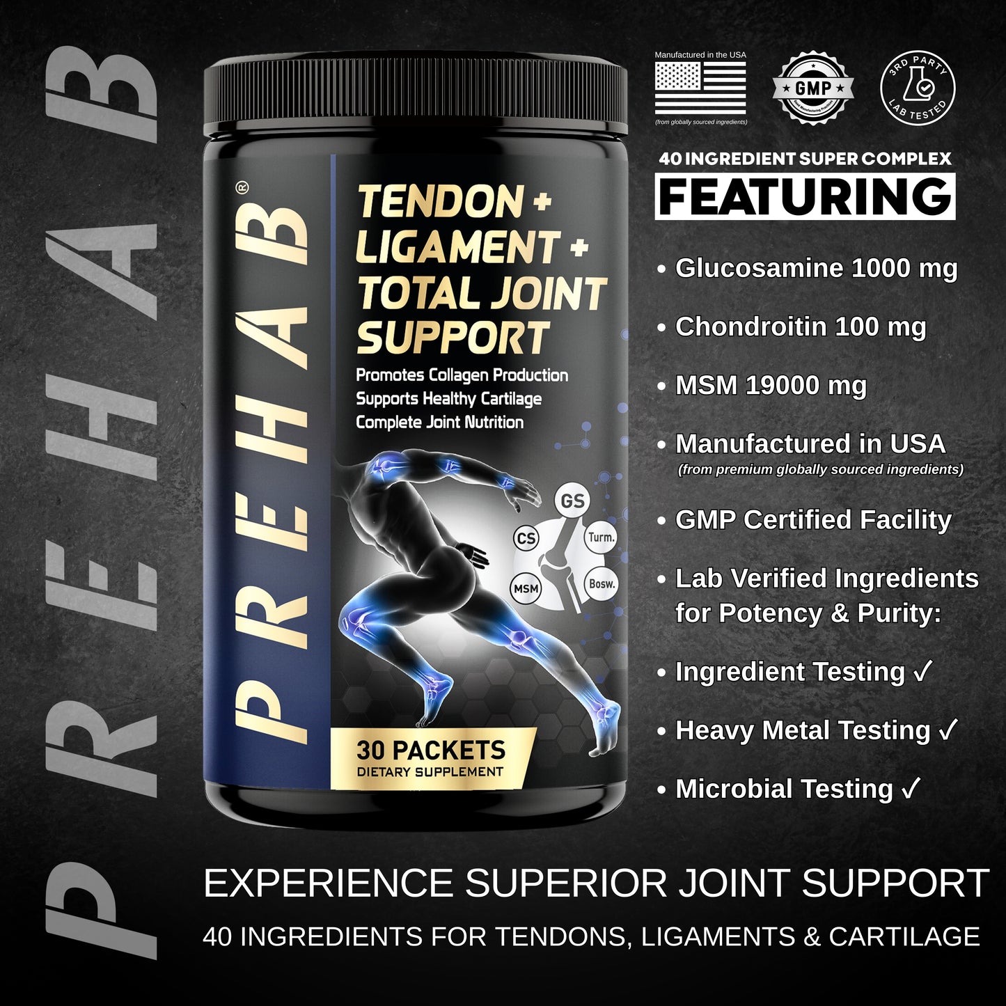 PREHAB Tendon + Ligament + Total Joint Support | Joint Supplement for Athletes | 40 Ingredient Super Complex | Glucosamine Chondroitin MSM Turmeric Boswellia | Premium Tendon Ligament Joint Supplement