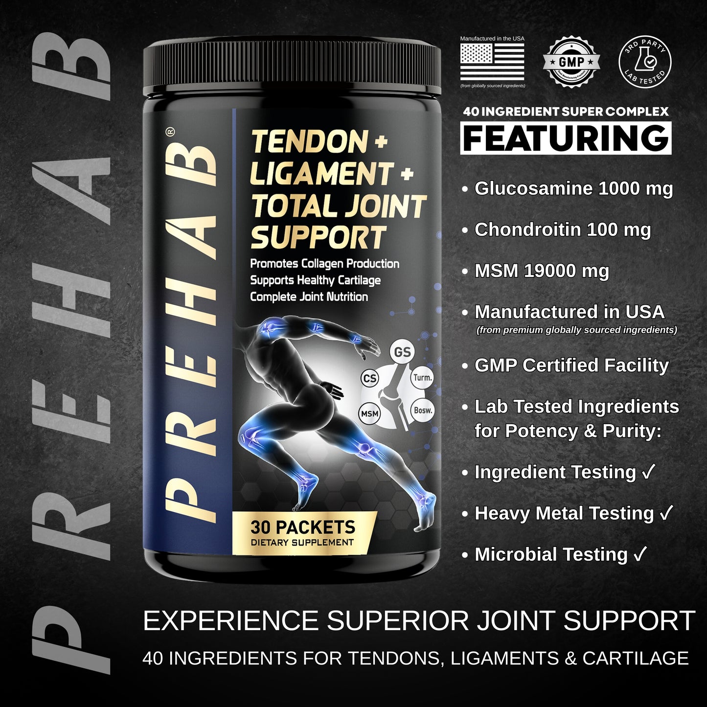 PREHAB Tendon + Ligament + Total Joint Support | Joint Supplement for Athletes | 40 Ingredient Super Complex | Glucosamine Chondroitin MSM Turmeric Boswellia | Premium Tendon Ligament Joint Supplement