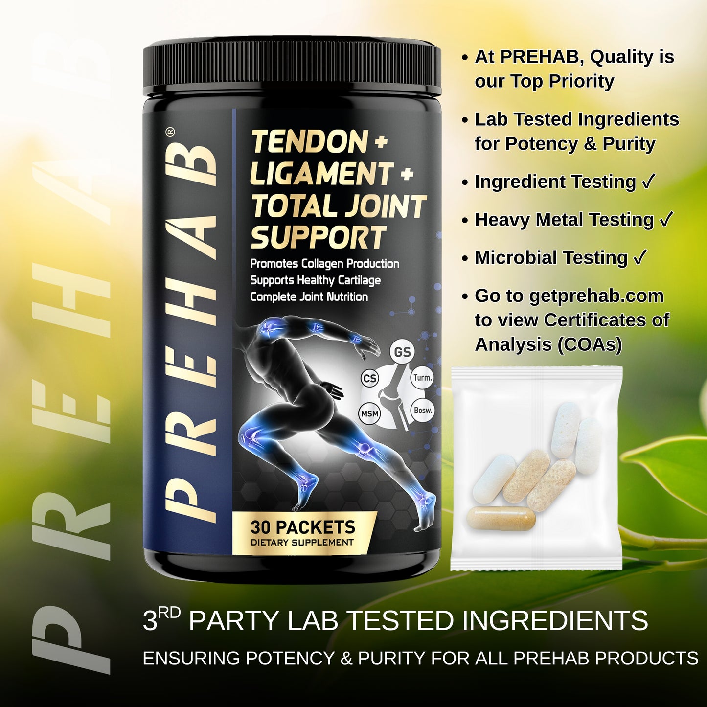 PREHAB Tendon + Ligament + Total Joint Support | Joint Supplement for Athletes | 40 Ingredient Super Complex | Glucosamine Chondroitin MSM Turmeric Boswellia | Premium Tendon Ligament Joint Supplement
