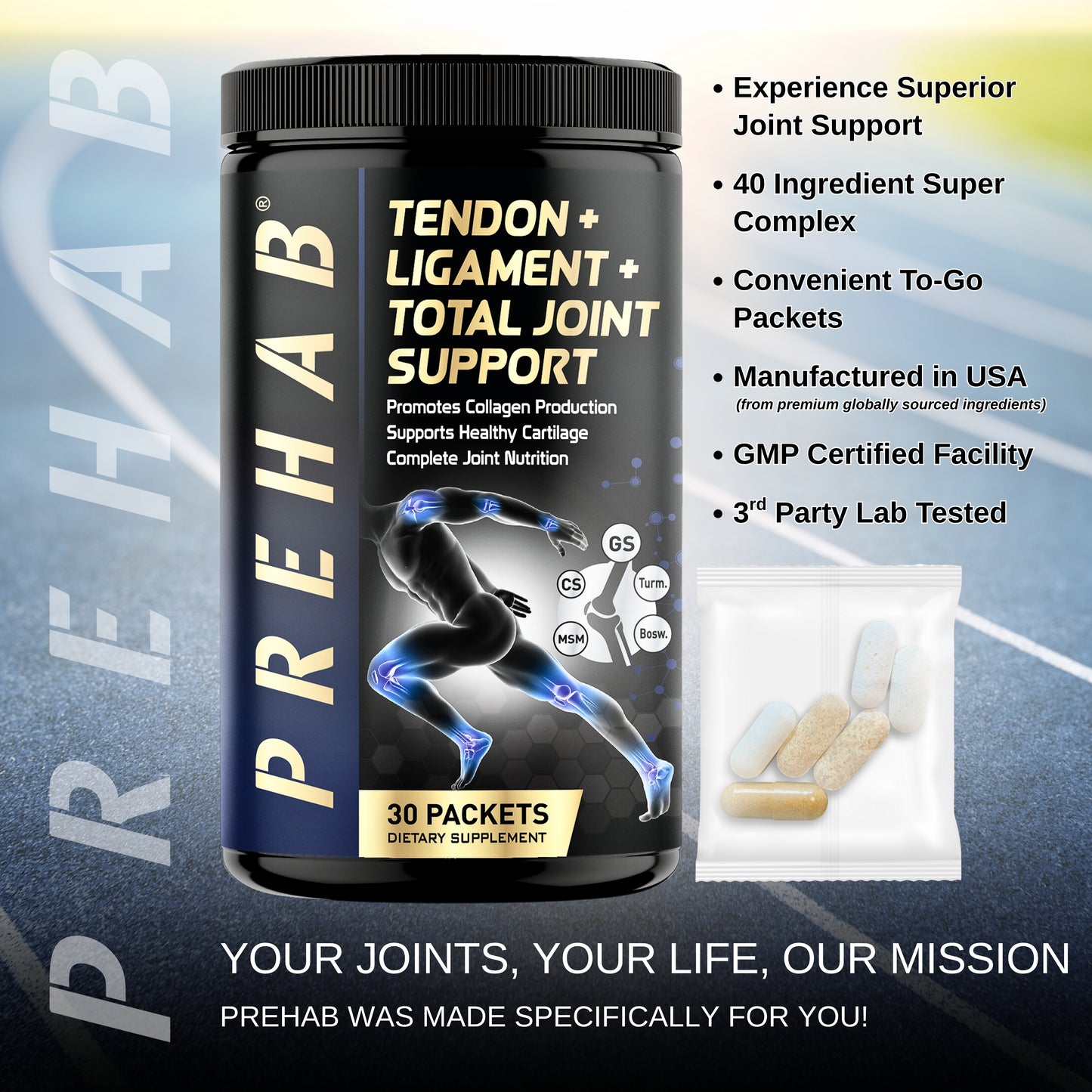 PREHAB Tendon + Ligament + Total Joint Support | Joint Supplement for Athletes | 40 Ingredient Super Complex | Glucosamine Chondroitin MSM Turmeric Boswellia | Premium Tendon Ligament Joint Supplement