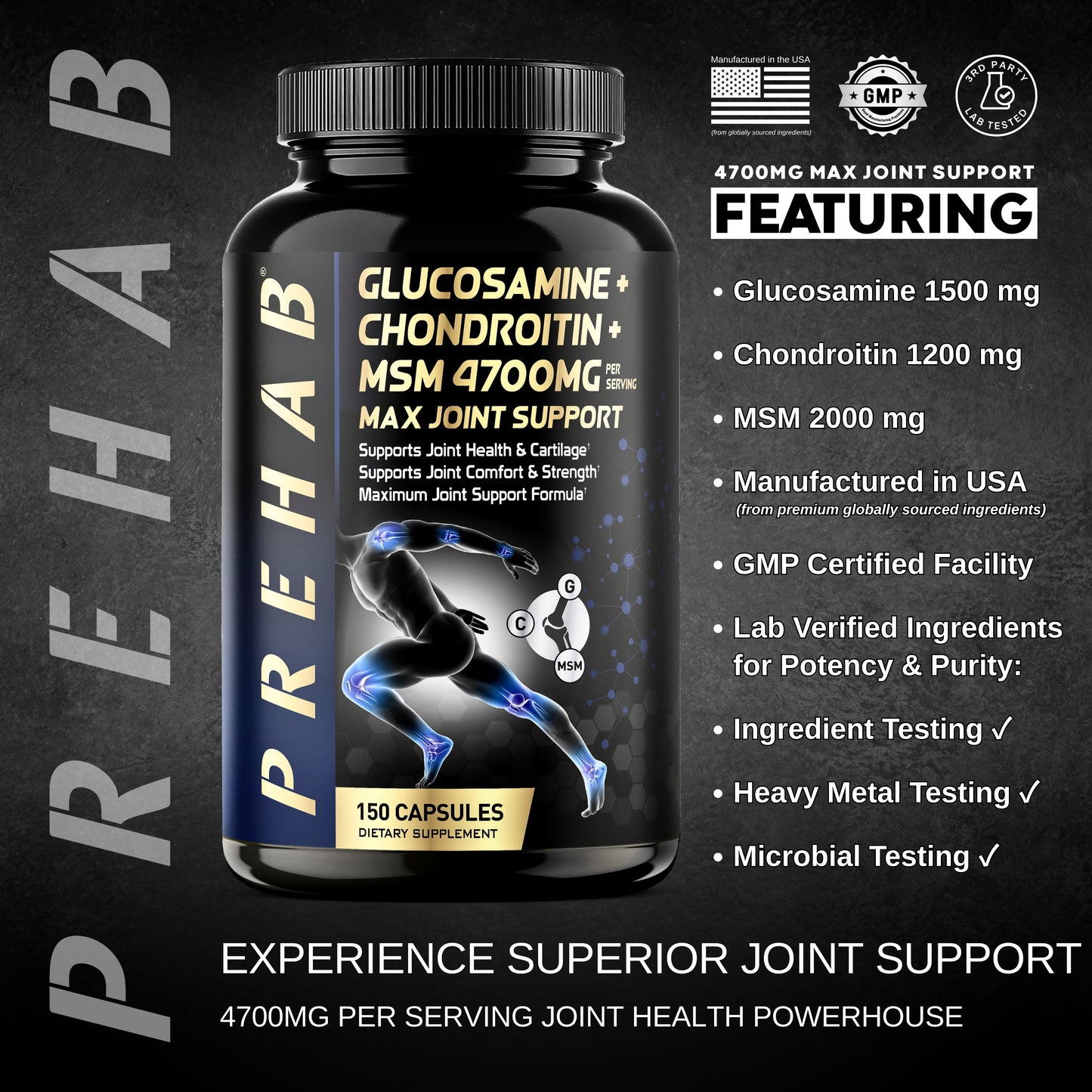 PREHAB Glucosamine Chondroitin MSM Joint Support Supplement | Max Joint Support 4700mg | Extra Strength Joint Supplement for Men & Women | Supports Joint Health & Cartilage, Joint Comfort & Strength