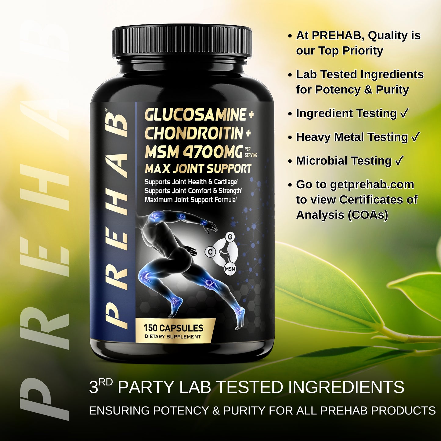 PREHAB Glucosamine Chondroitin MSM Joint Support Supplement | Max Joint Support 4700mg | Extra Strength Joint Supplement for Men & Women | Supports Joint Health & Cartilage, Joint Comfort & Strength
