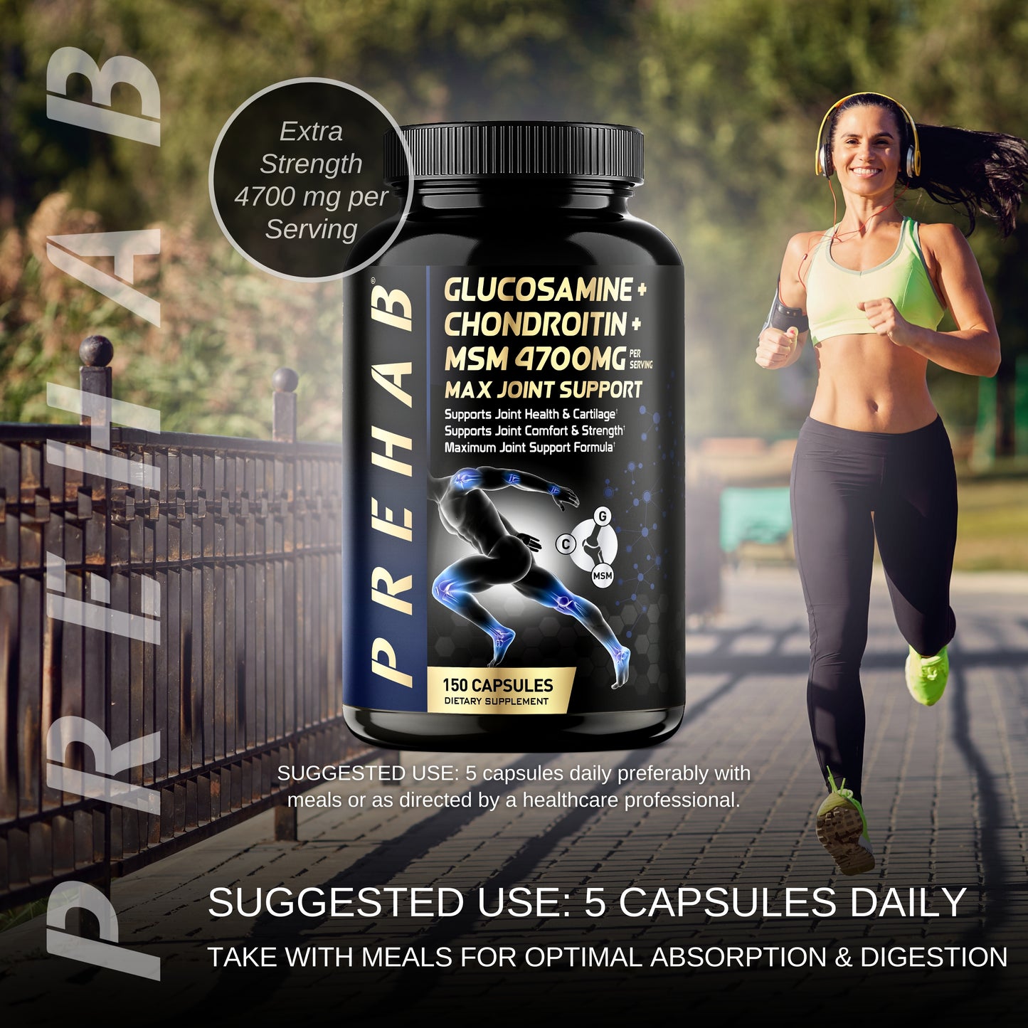 PREHAB Glucosamine Chondroitin MSM Joint Support Supplement | Max Joint Support 4700mg | Extra Strength Joint Supplement for Men & Women | Supports Joint Health & Cartilage, Joint Comfort & Strength