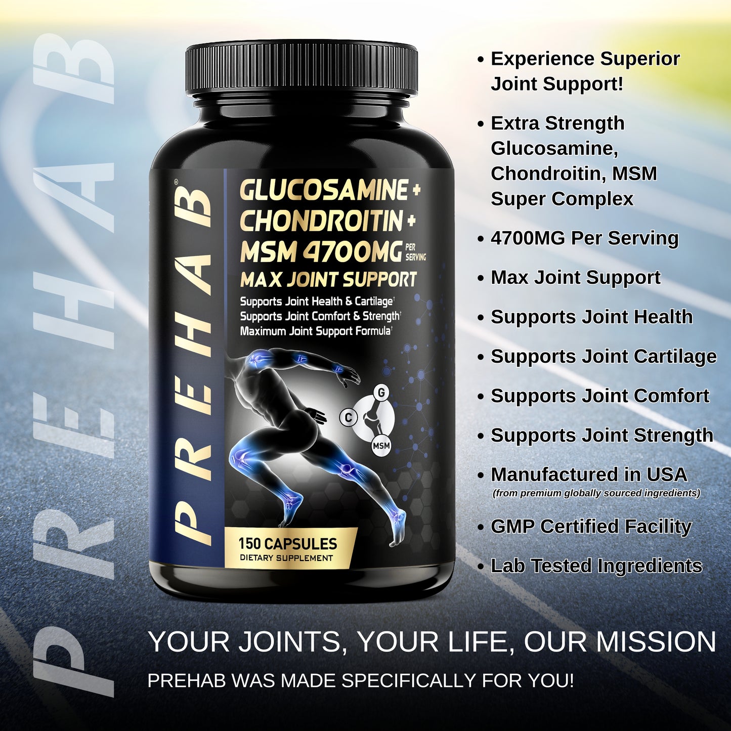 PREHAB Glucosamine Chondroitin MSM Joint Support Supplement | Max Joint Support 4700mg | Extra Strength Joint Supplement for Men & Women | Supports Joint Health & Cartilage, Joint Comfort & Strength